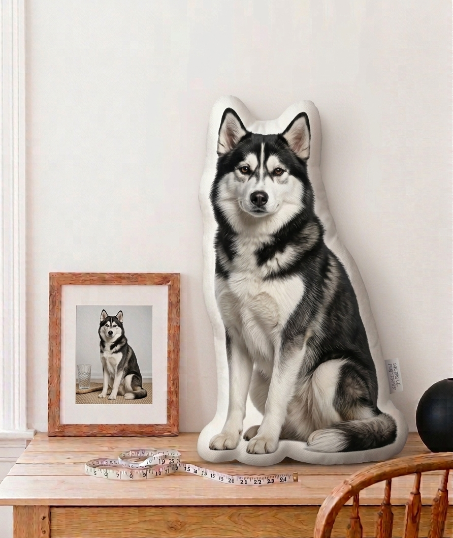 Husky-shaped pillow on a wooden table with a framed photo and cat in the background