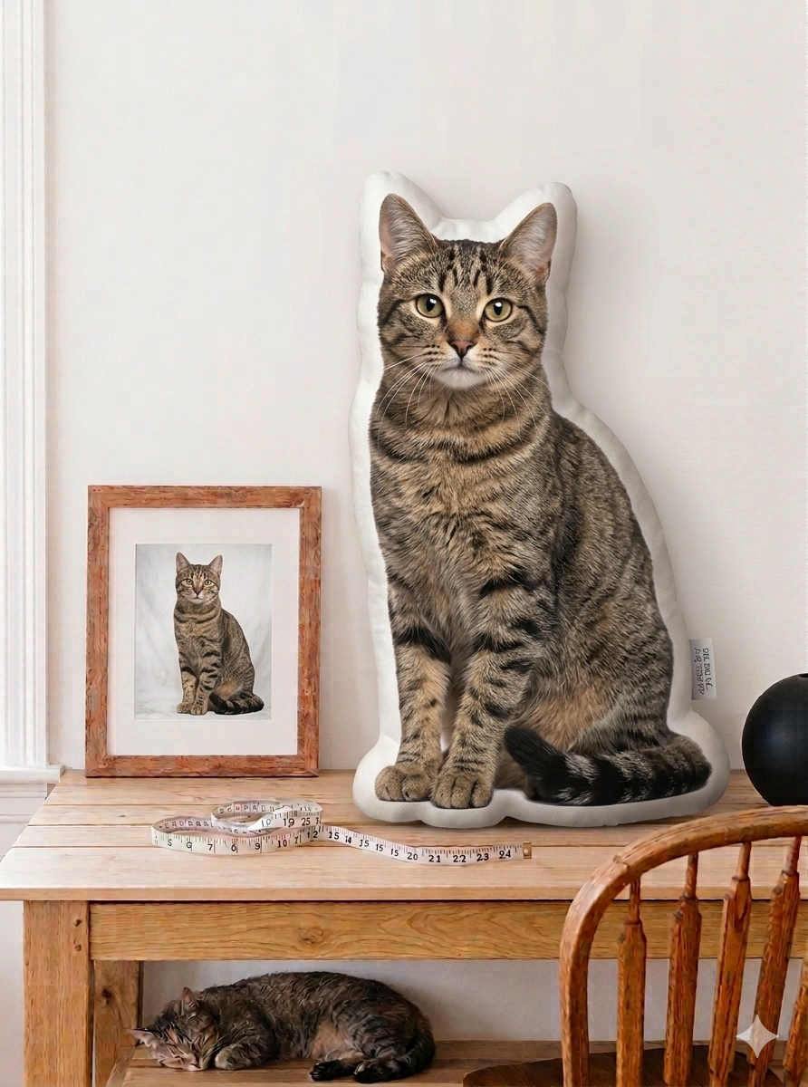 Cat-shaped pillow on a wooden table with a framed photo of a cat in the background.