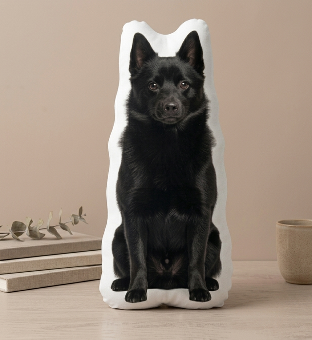 Black dog-shaped pillow on a wooden surface with a beige background