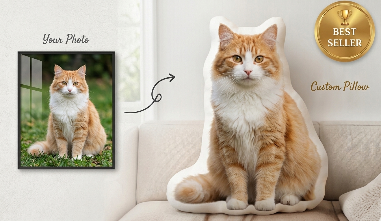 Cat-shaped pillow with a real cat photo on a couch, featuring a 'Best Seller' badge.