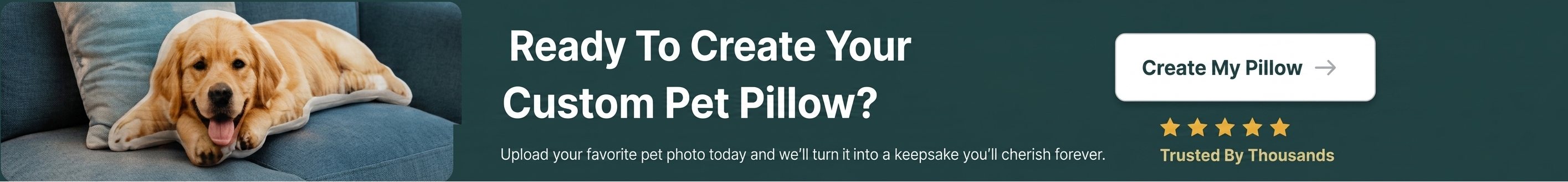 Dog lying on a couch with a 'Create My Pillow' button and text overlay.